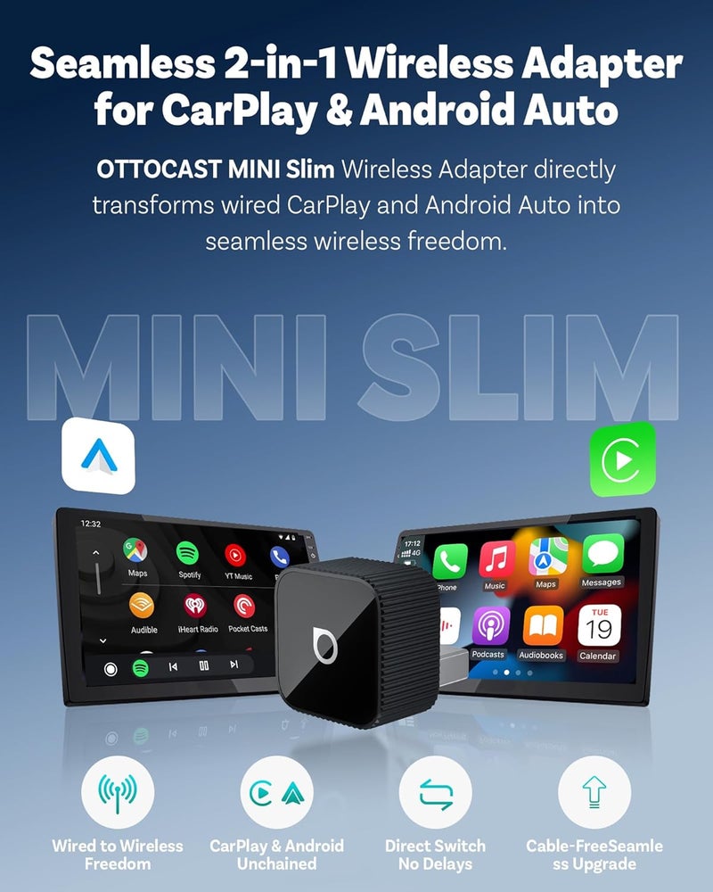 Ottocast 2026 Upgrade Mini Cube 3.0, 2-in-1 Wireless CarPlay & Android Auto Adapter, Plug & Play Dongle, Fast Auto-Reconnect, Dual-Band 5Ghz, for Cars with Wired CarPlay & Android Auto (Black) - Image 2
